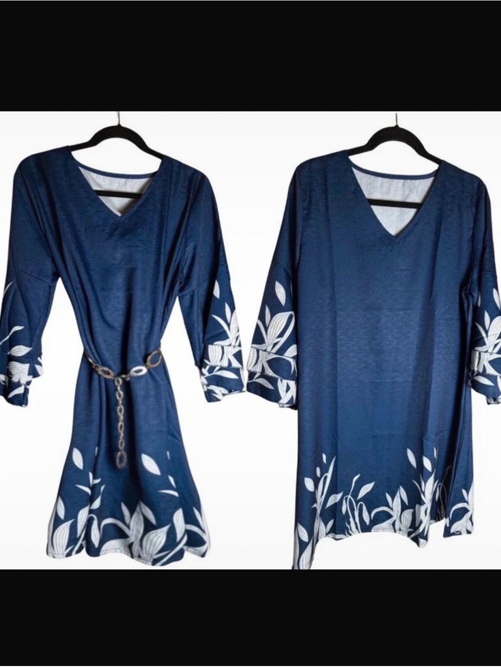 Women’s Navy Blue V-Neck Floral Hem Dress
